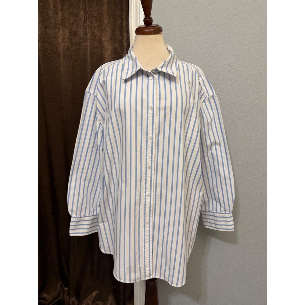 HM Womens XXL Oversized Shirt 100% Cotton Blue White Striped Cotton Button Down